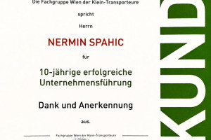 WKO Auszeichnung für Traditionsbetriebe – 10 Jahre Profi Umzug Wien